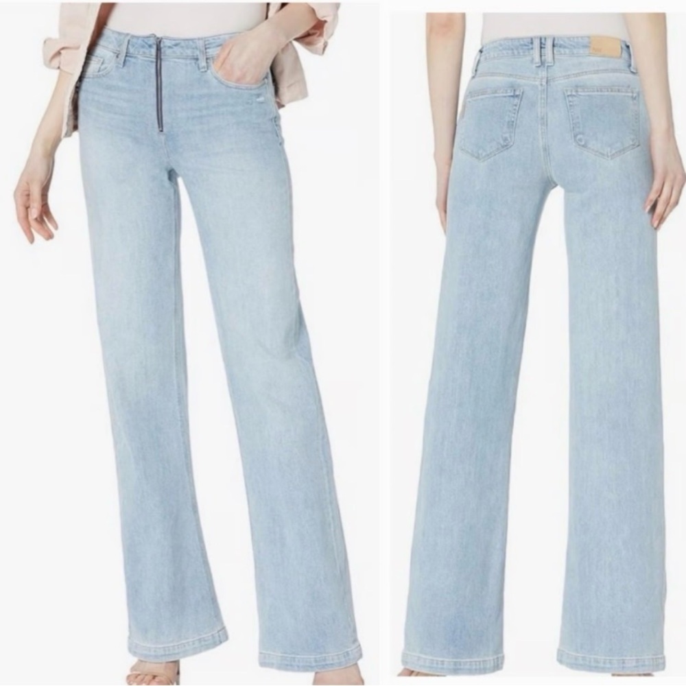 Paige Light Wash Flare Wide Raw Hem Vintage Look Exposed Zipper Jeans 0013